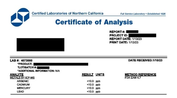 Example certificate of analysis for heavy metals testing in food. 