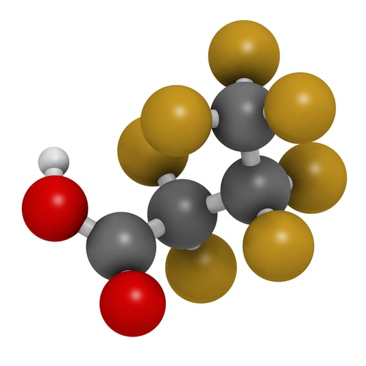 Graphic of a Perfluorobutanoic acid molecule, a PFAS chemical compound
